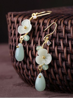 Green Jade Petals Drop Dangle Clip On Earrings