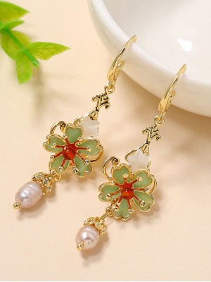 Cloisonne Pearl Drop Dangle Earrings