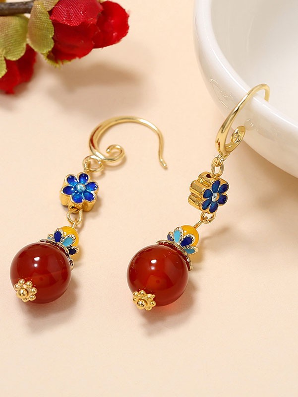 Cloisonne Red Agate Drop Dangle Earrings