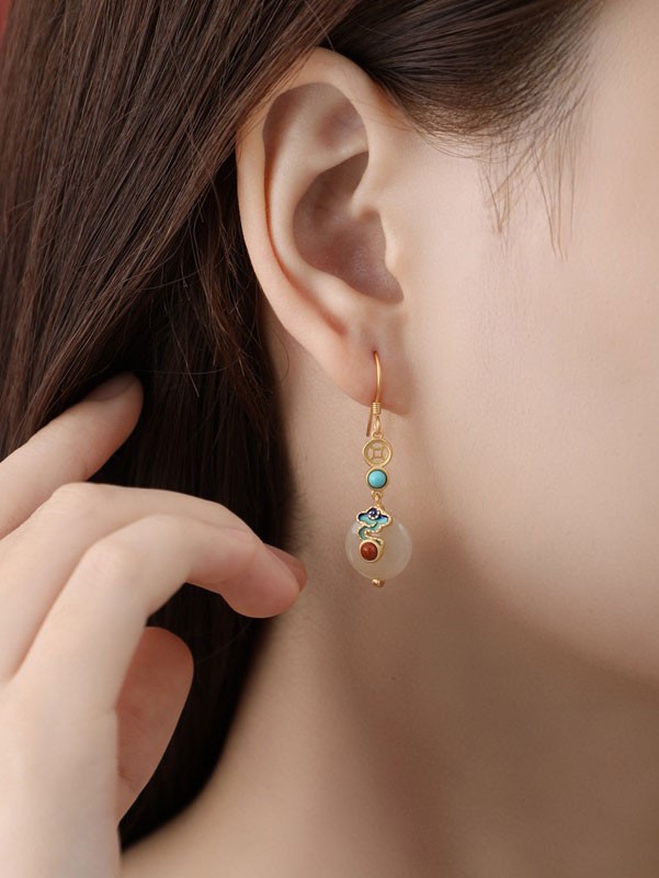 Gold Silver Jade Drop Dangle Earrings