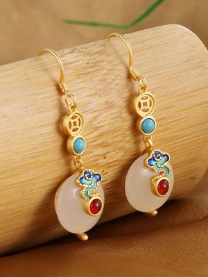 Gold Silver Jade Drop Dangle Earrings