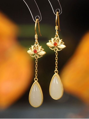 Gold Silver Lotus Jade Drop Dangle Earrings