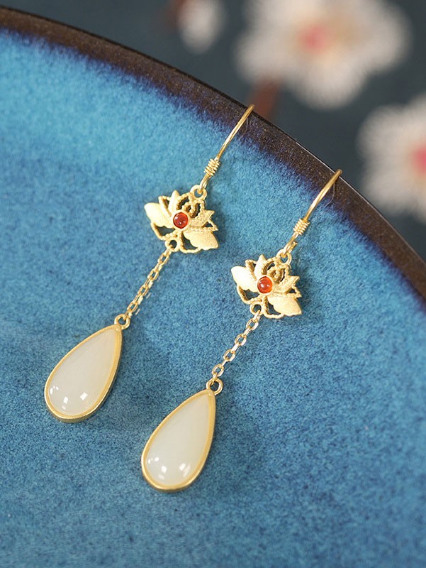Gold Silver Lotus Jade Drop Dangle Earrings