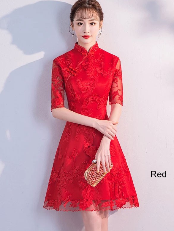 Red Lace A-Line Qipao / Cheongsam Dress