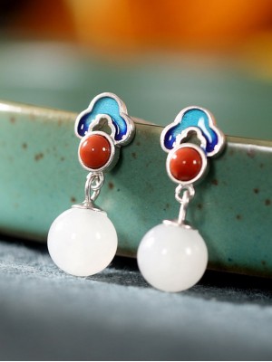 Silver White Jade Drop Dangle Earrings