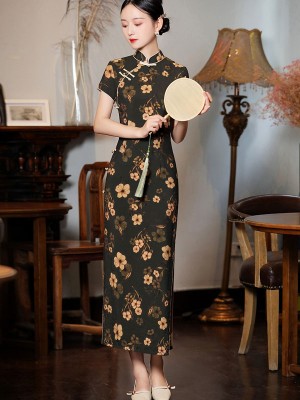 Black Floral Maxi Qipao / Cheongsam Dress
