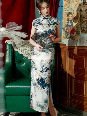 2022 Gray Floral Print Maxi Qipao / Cheongsam Dress