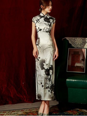 2022 Lotus Print Maxi Qipao / Cheongsam Dress