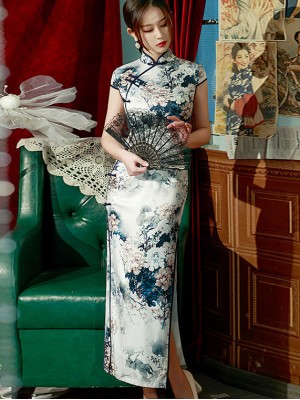2026 Gray Floral Print Maxi Qipao / Cheongsam Dress