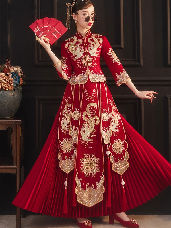 Embroidered Phoenix Wedding Bride Qun Kwa with Pleated Skirt