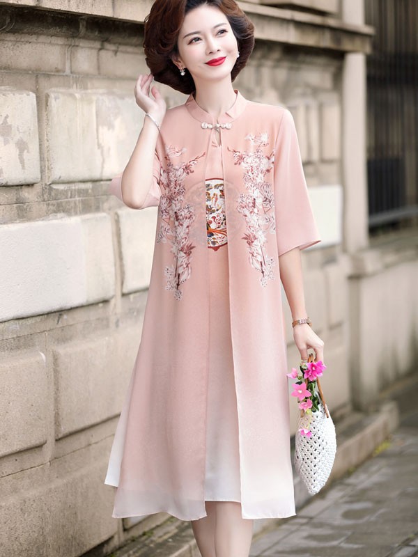 Pink Black Mother's Chiffon Qipao / Cheongsam Dress