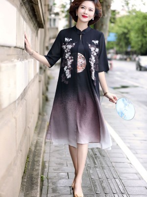 Pink Black Mother's Chiffon Qipao / Cheongsam Dress