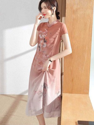 Pink Green Floral Chiffon Tea Length Qipao / Cheongsam Dress