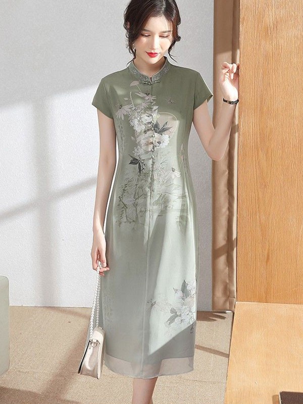 Pink Green Mothers Floral Chiffon Qipao / Cheongsam Dress