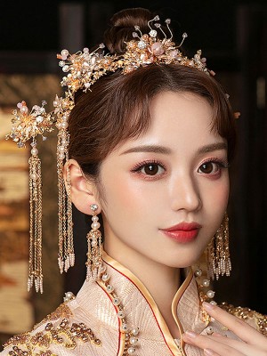 Vintage Gold Tone Bridal Hair Crown Vine Clips & Earring