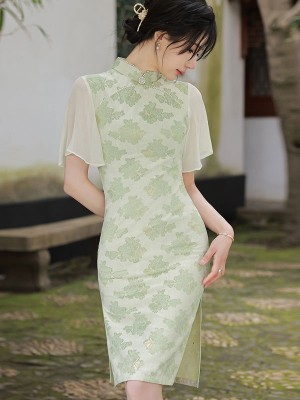 Green Floral Summer Cheongsam / Qipao Dress with Bell Sleeve