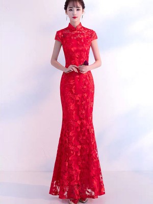 Red Burgundy Lace Fishtail Qipao / Cheongsam Wedding Dress