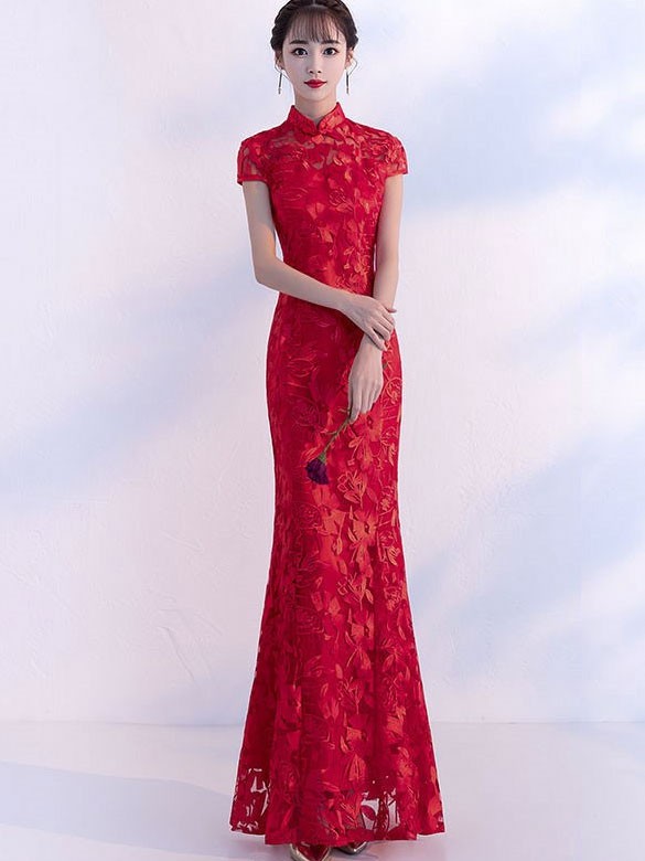 Red Lace Fishtail Qipao / Cheongsam Wedding Dress