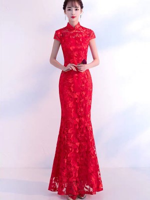 Red Lace Fishtail Qipao / Cheongsam Wedding Dress