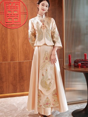 Champagne Beaded Phoenix Wedding Bridal Xiu He Qun Kwa