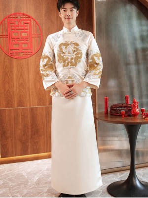 Champagne Embroidered Mens Dragon Wedding Suit, Jacket & Skirt