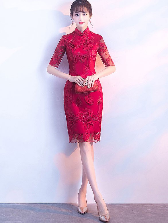 Red Embroidered Short Qipao / Cheongsam Dress with Split