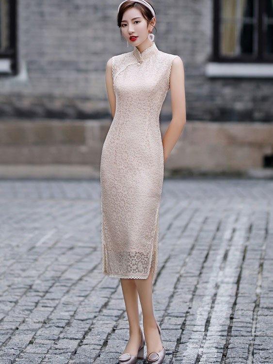 White Lace Mid Qipao / Cheongsam Dress with Shawl