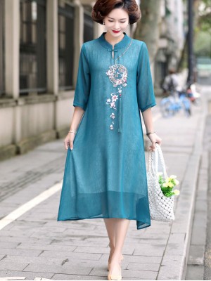 Blue Pink Mothers Embroidered Chiffon Qipao / Cheongsam Dress