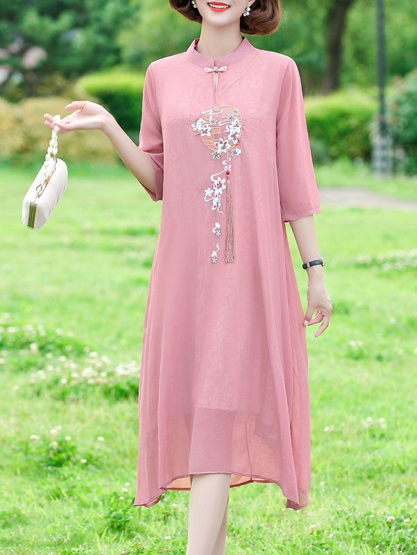 Green Pink Mothers Embroidered Chiffon Qipao / Cheongsam Dress