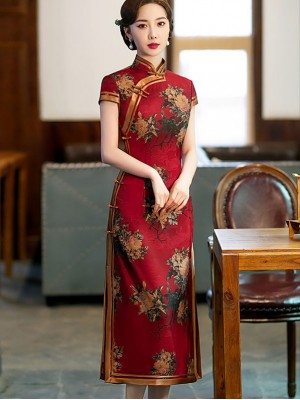 Red Floral Mothers Midi Qipao / Cheongsam Dress
