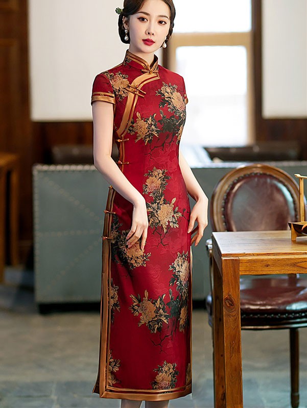 Red Floral Mothers Midi Qipao / Cheongsam Dress