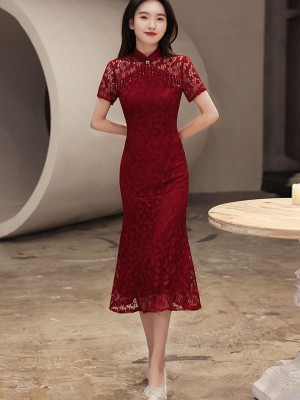 Burgundy Lace Tea Fishtail Wedding Cheongsam / Qipao Dress