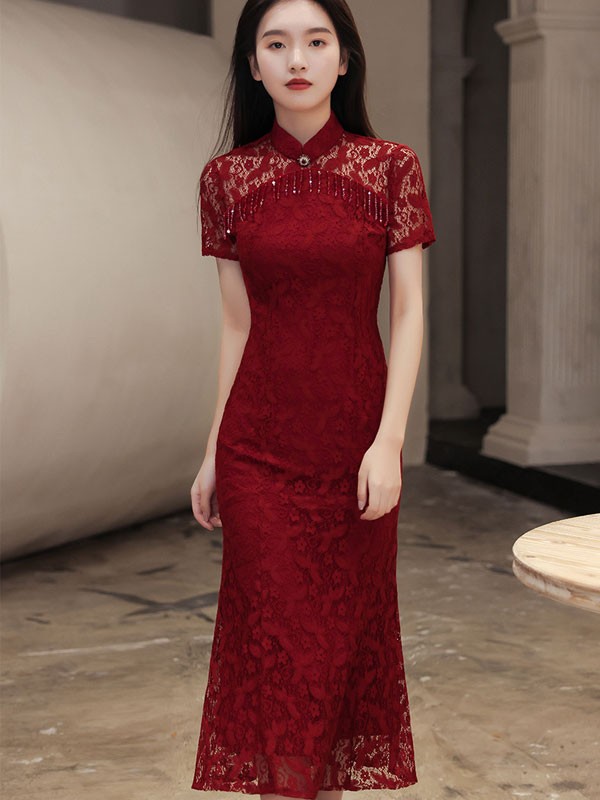 Burgundy Lace Tea Fishtail Wedding Cheongsam / Qipao Dress