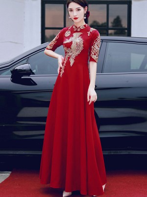 Burgundy A-Line Phoenix Qipao / Cheongsam Wedding Dress