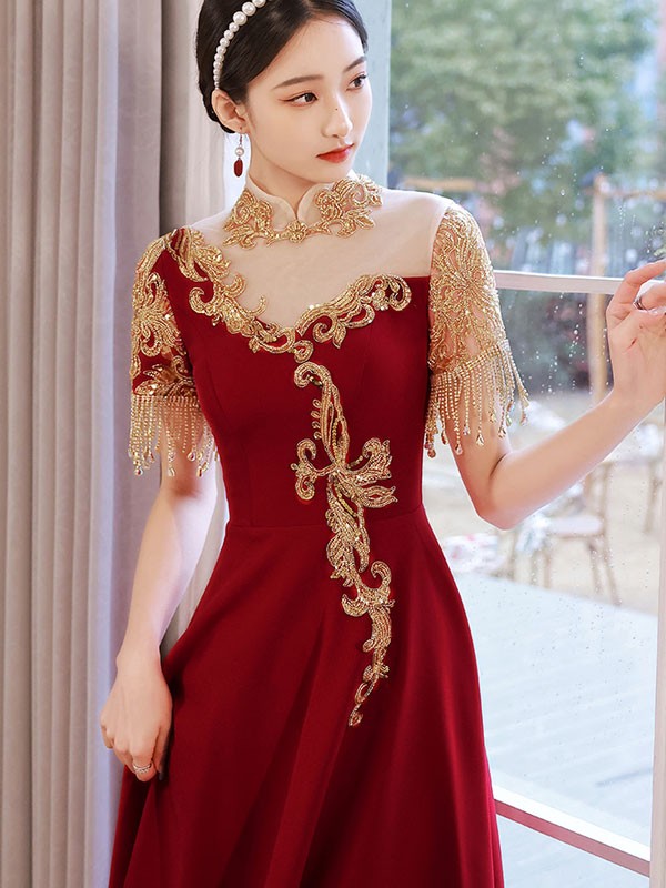 Sequined Appliques A-line Qipao / Cheongsam Wedding Dress with Beads Tassels