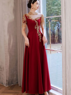 Sequined Appliques A-line Qipao / Cheongsam Wedding Dress with Beads Tassels