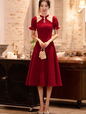 Red Cold Shoulder A-line Qipao / Cheongsam Wedding Dress