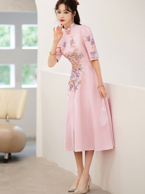 Pink Appliques A-line Qipao / Cheongsam Wedding Dress