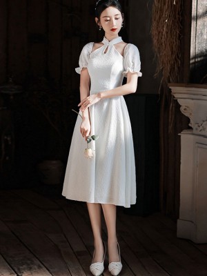 White Cold Shoulder A-line Qipao / Cheongsam Wedding Dress