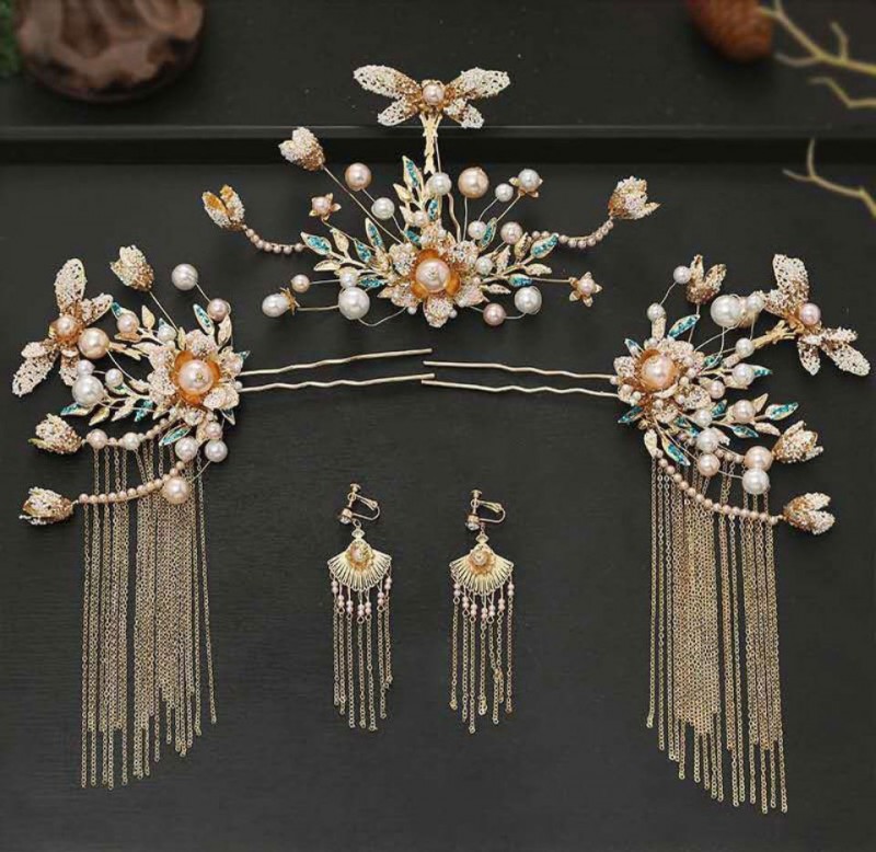 Gold Tone Tassels Bridal Hair Crown Vine Pins & Earring