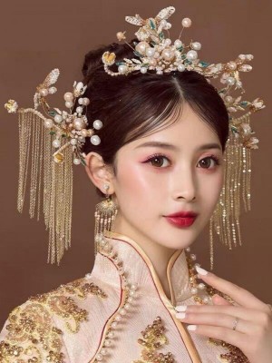 Gold Tone Tassels Bridal Hair Crown Vine Pins & Earring