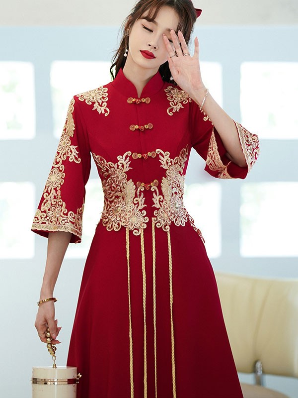 Red Fit & Flare Appliques Qipao / Cheongsam Wedding Dress with Bell Sleeve