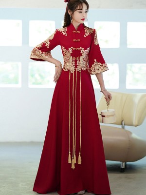 Red Fit & Flare Appliques Qipao / Cheongsam Wedding Dress with Bell Sleeve