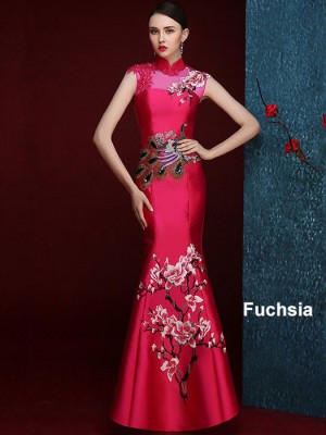 Custom Tailored Fishtail Qipao / Cheongsam Dress with Floral & Phoenix Embroidery