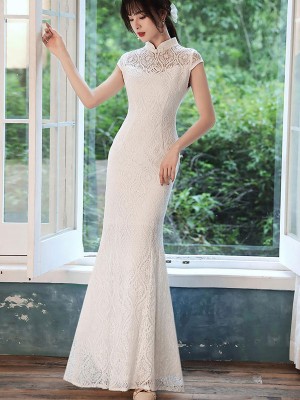 White Lace Fishtail Wedding Qipao / Cheongsam Dress