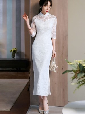 White Lace Modern Wedding Qipao / Cheongsam Dress