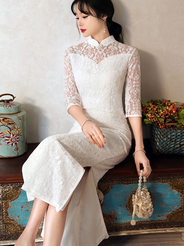 White Lace Modern Wedding Qipao / Cheongsam Dress