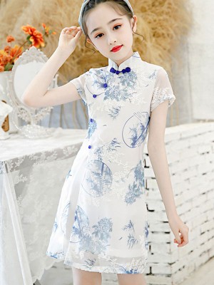 Floral Chiffon Kid Girls Cheongsam / Qipao Dress