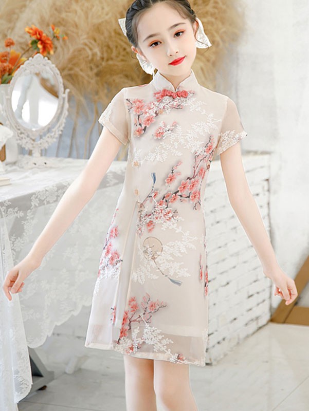 Pink White Kids Girl's Cheongsam / Qipao Dress