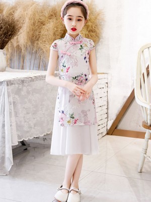 Floral Chiffon Kid Girls Cheongsam / Qipao Dress with Frill Hem